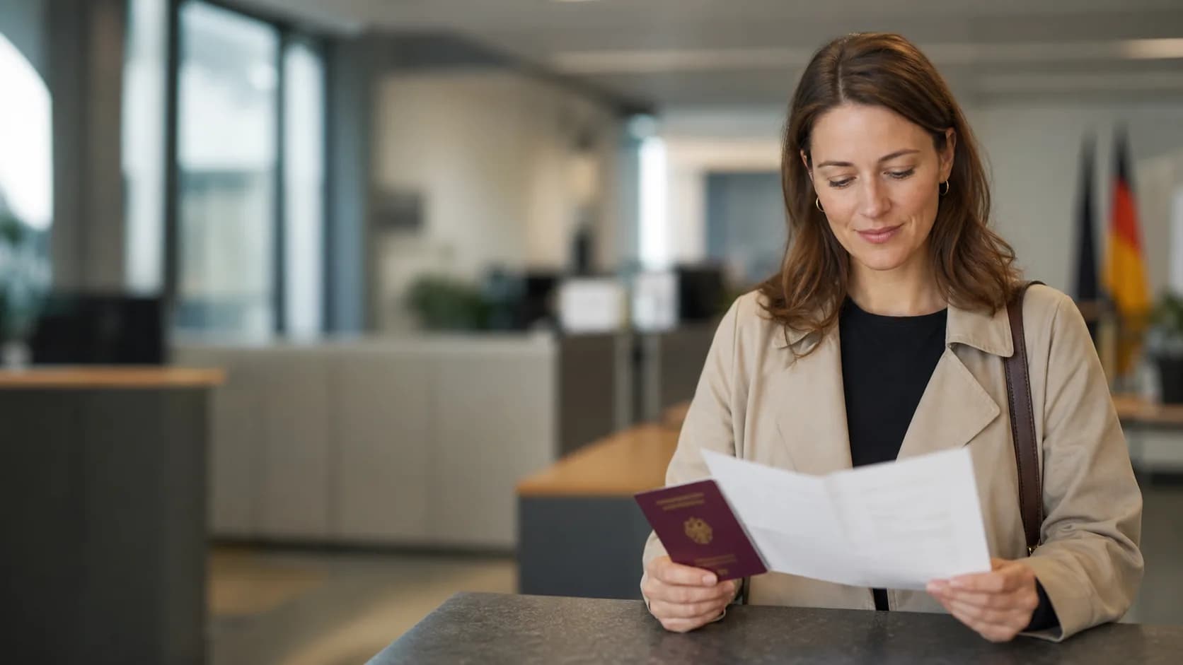 Cidadã alemã conferindo documentos e passaporte em um atendimento público