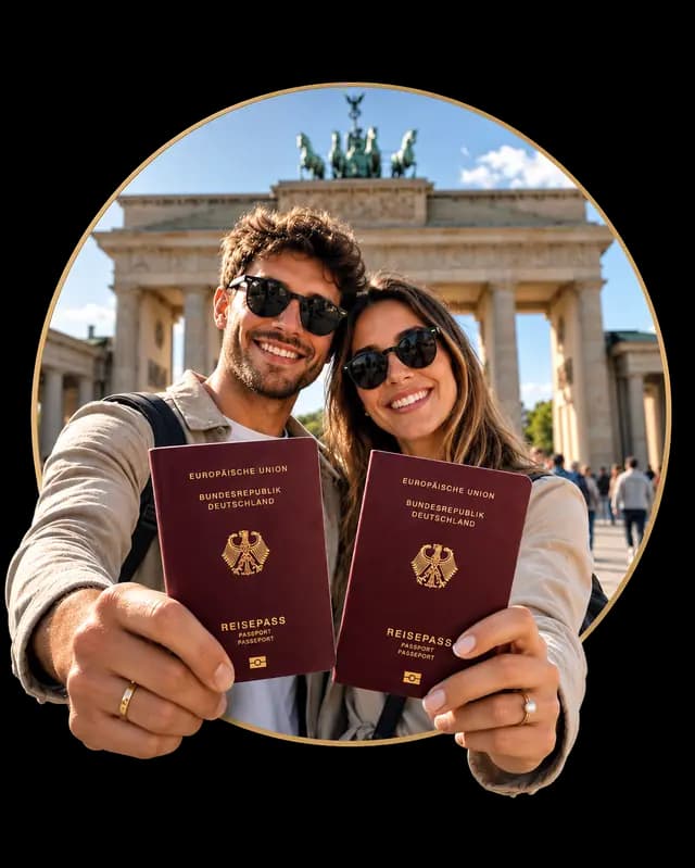 Casal com passaporte alemão em frente ao Portão de Brandemburgo
