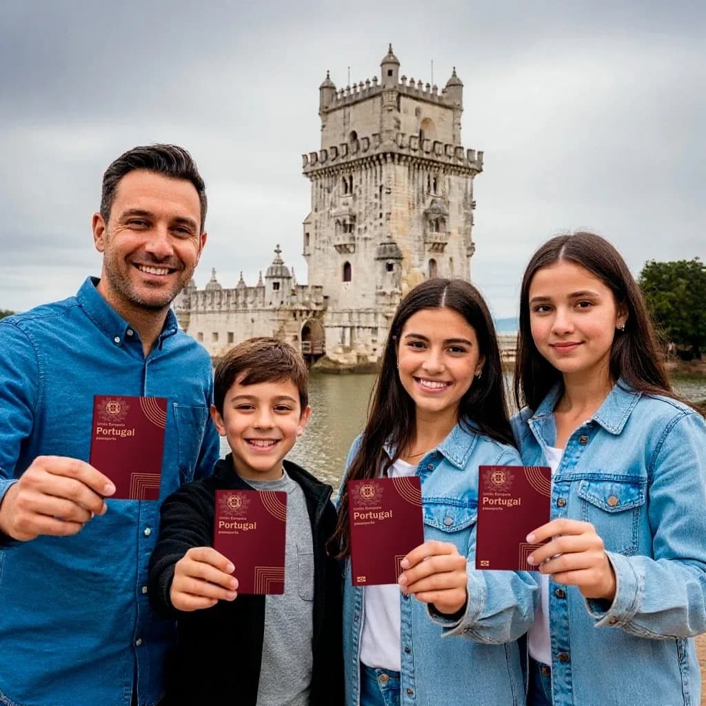 Família brasileira com passaportes portugueses em frente à Torre de Belém