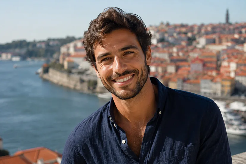 Homem sorrindo com o casario do Porto ao fundo